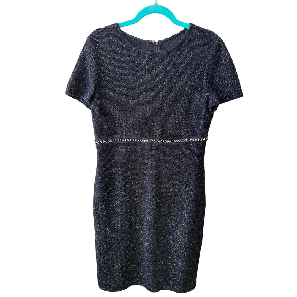 St. John Women’s Knit Dress SZ 10 Decorative Waist Chain Silver Links Navy Blue